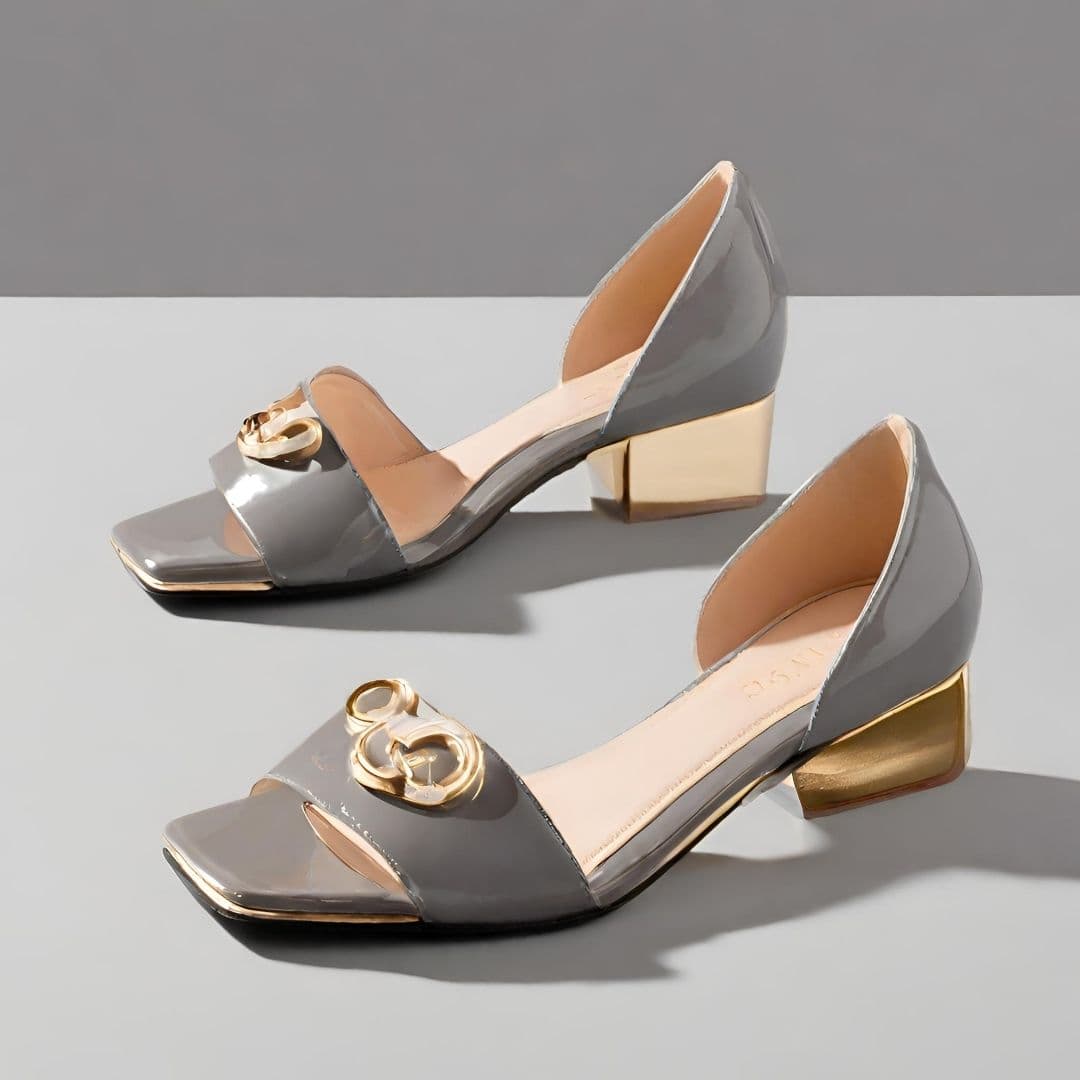 Elegant Patent Leather Peep-Toe Pumps with Gold-Tone Heel — image 1 of 3